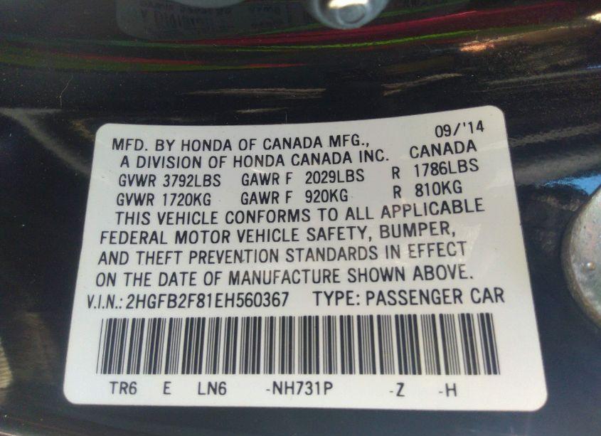 Photo 9 of 2014 Honda Civic EX (VIN 2HGFB2F81EH560367)