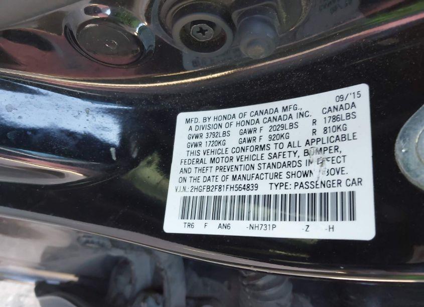 Photo 9 of 2015 Honda Civic EX (VIN 2HGFB2F81FH564839)