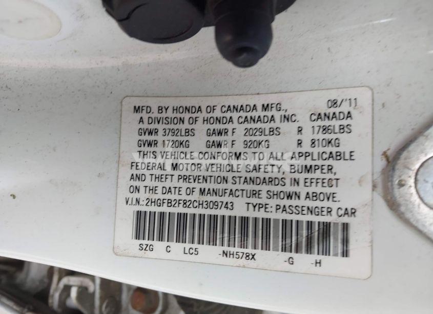 Photo 9 of 2012 Honda Civic EX (VIN 2HGFB2F82CH309743)