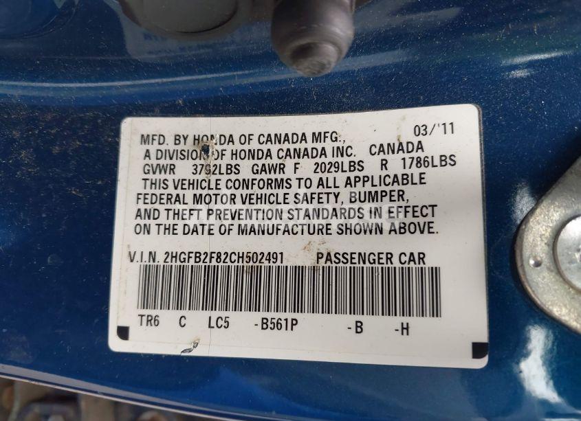 Photo 9 of 2012 Honda Civic EX (VIN 2HGFB2F82CH502491)