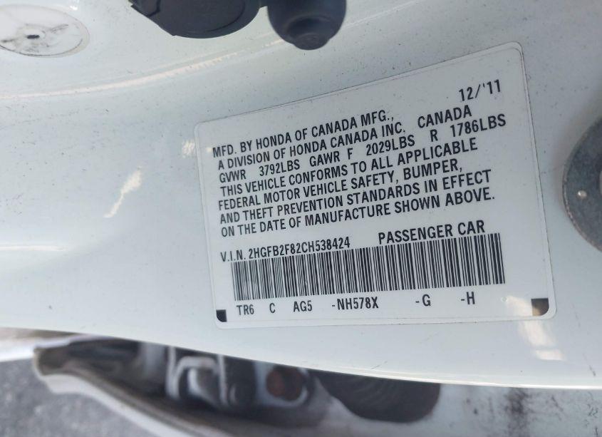 Photo 9 of 2012 Honda Civic EX (VIN 2HGFB2F82CH538424)