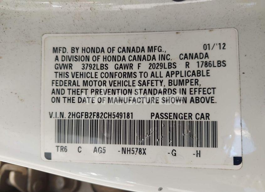 Photo 9 of 2012 Honda Civic EX (VIN 2HGFB2F82CH549181)