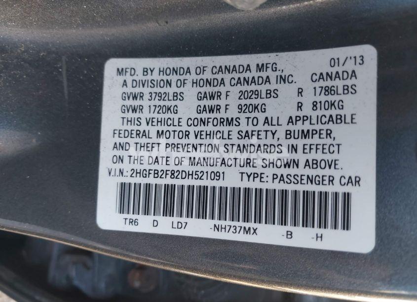 Photo 9 of 2013 Honda Civic EX (VIN 2HGFB2F82DH521091)