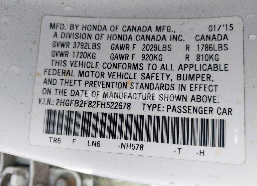 Photo 9 of 2015 Honda Civic EX (VIN 2HGFB2F82FH522678)