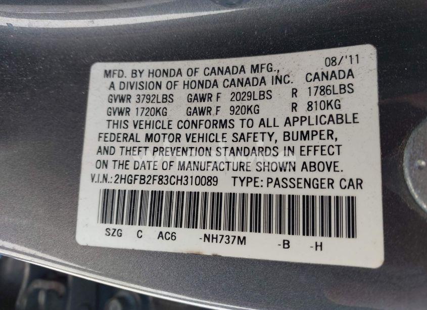 Photo 9 of 2012 Honda Civic EX (VIN 2HGFB2F83CH310089)