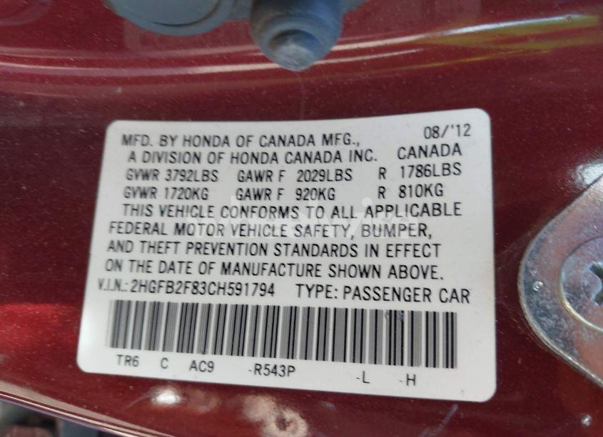 Photo 9 of 2012 Honda Civic EX (VIN 2HGFB2F83CH591794)