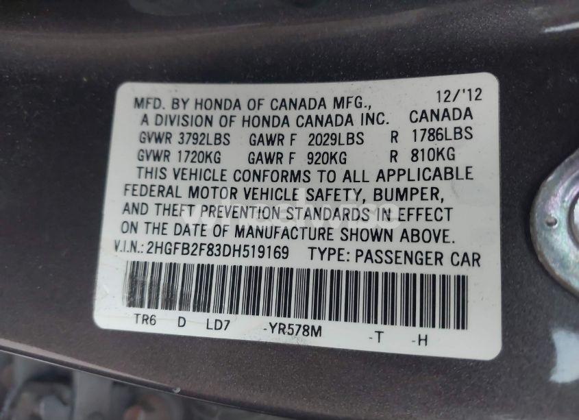 Photo 9 of 2013 Honda Civic EX (VIN 2HGFB2F83DH519169)