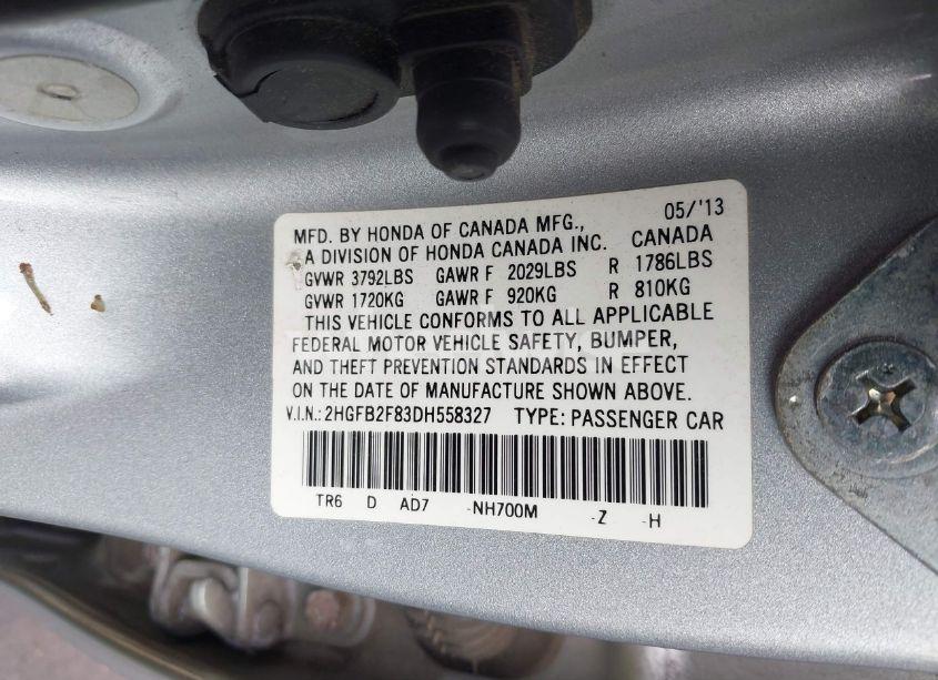 Photo 9 of 2013 Honda Civic EX (VIN 2HGFB2F83DH558327)