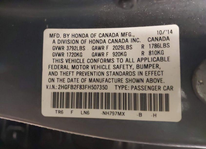 Photo 9 of 2015 Honda Civic EX (VIN 2HGFB2F83FH507350)