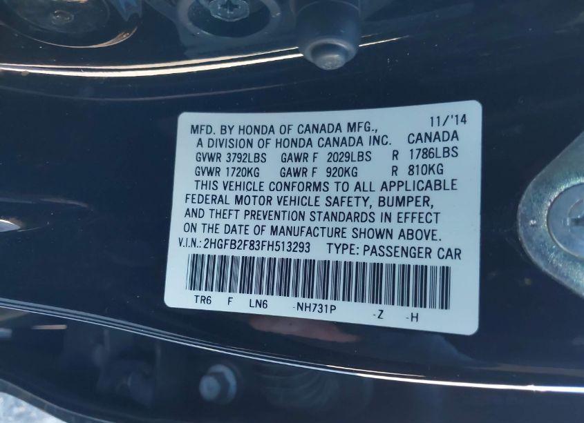 Photo 9 of 2015 Honda Civic EX (VIN 2HGFB2F83FH513293)
