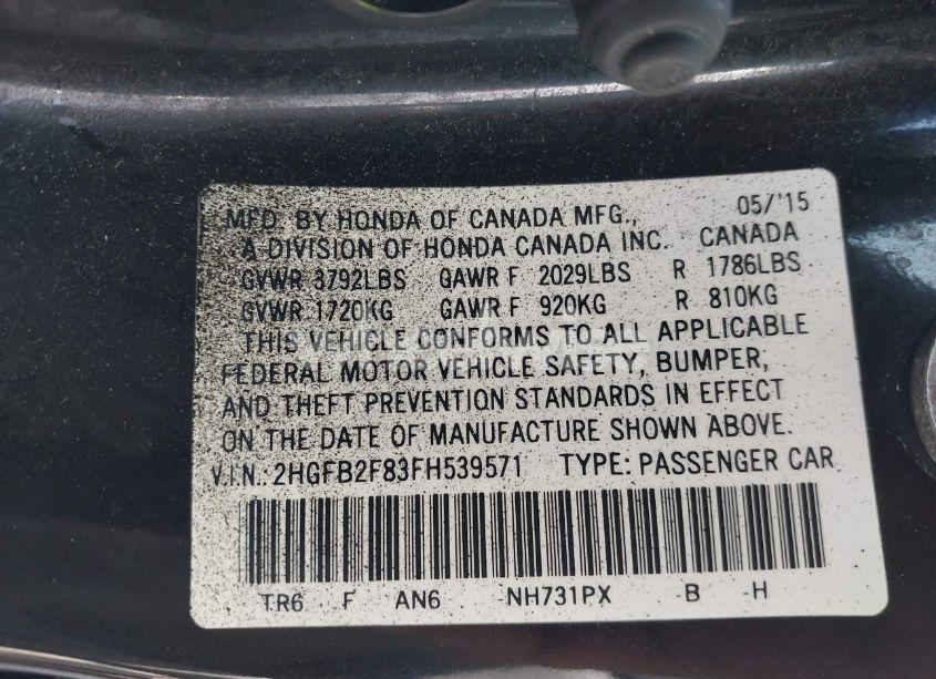 Photo 9 of 2015 Honda Civic EX (VIN 2HGFB2F83FH539571)