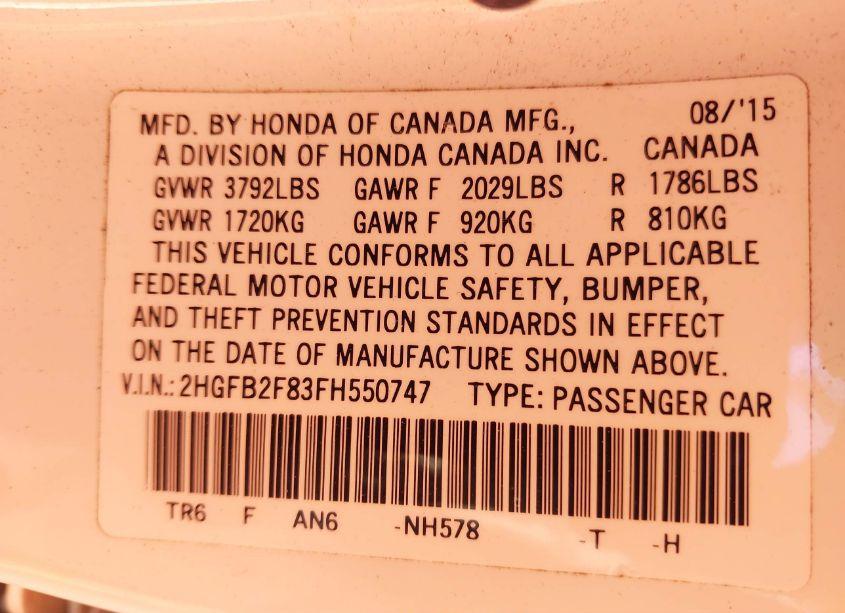 Photo 9 of 2015 Honda Civic EX (VIN 2HGFB2F83FH550747)