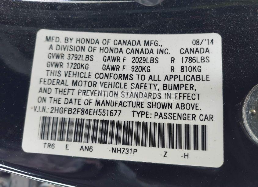 Photo 9 of 2014 Honda Civic EX (VIN 2HGFB2F84EH551677)