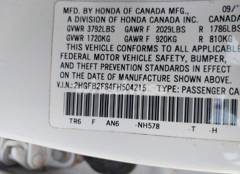 Photo 9 of 2015 Honda Civic EX (VIN 2HGFB2F84FH504215)