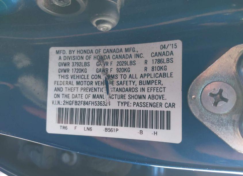 Photo 9 of 2015 Honda Civic EX (VIN 2HGFB2F84FH536324)