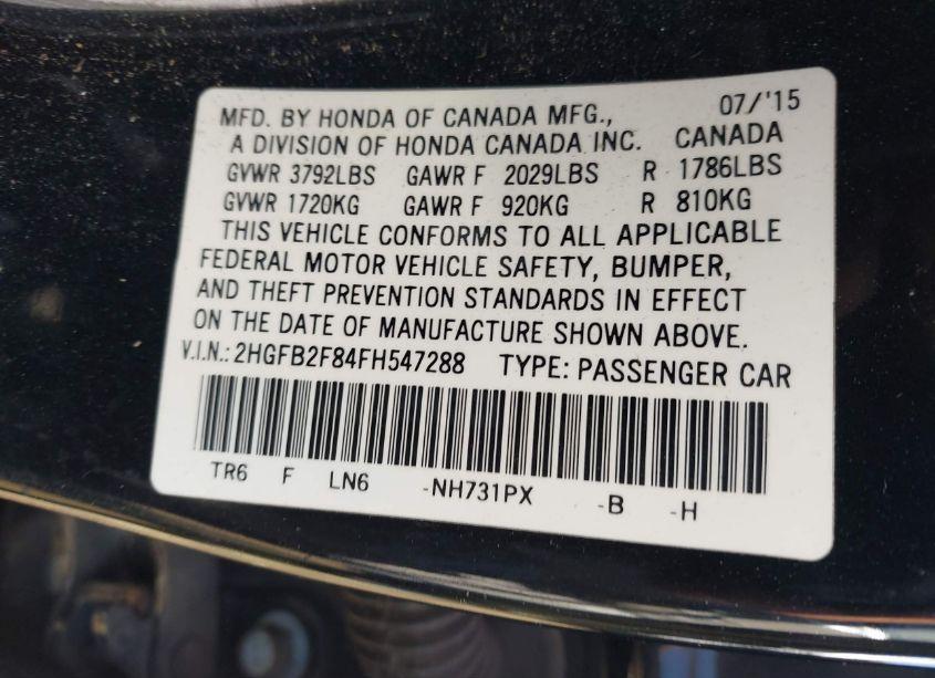 Photo 9 of 2015 Honda Civic EX (VIN 2HGFB2F84FH547288)