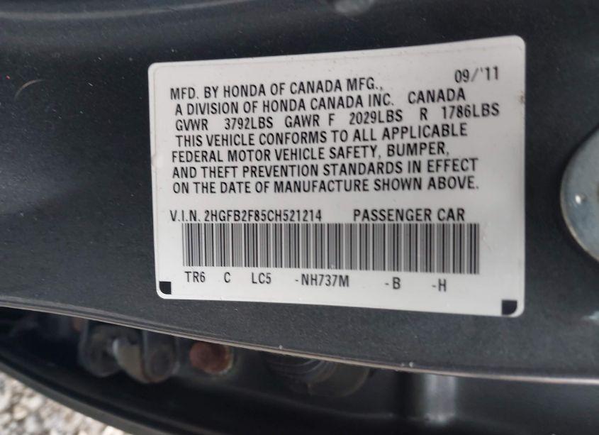 Photo 9 of 2012 Honda Civic EX (VIN 2HGFB2F85CH521214)