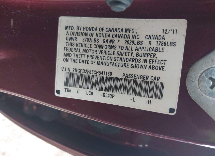 Photo 9 of 2012 Honda Civic EX (VIN 2HGFB2F85CH541169)