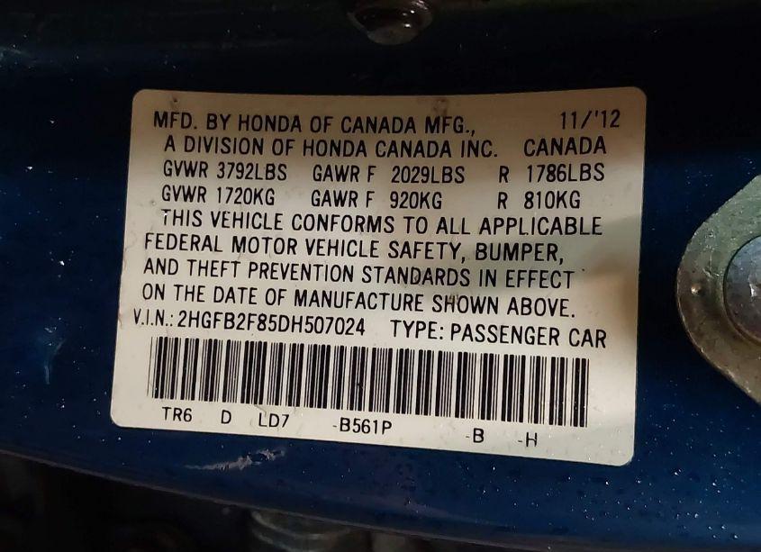 Photo 9 of 2013 Honda Civic EX (VIN 2HGFB2F85DH507024)