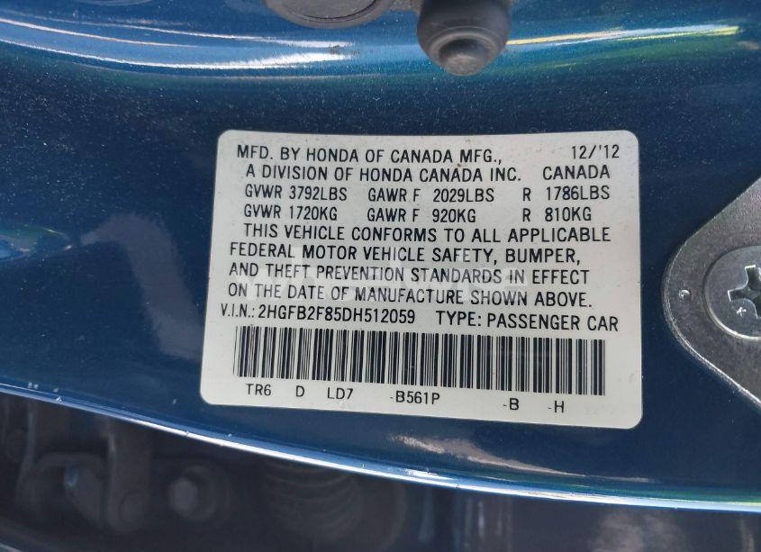 Photo 9 of 2013 Honda Civic EX (VIN 2HGFB2F85DH512059)