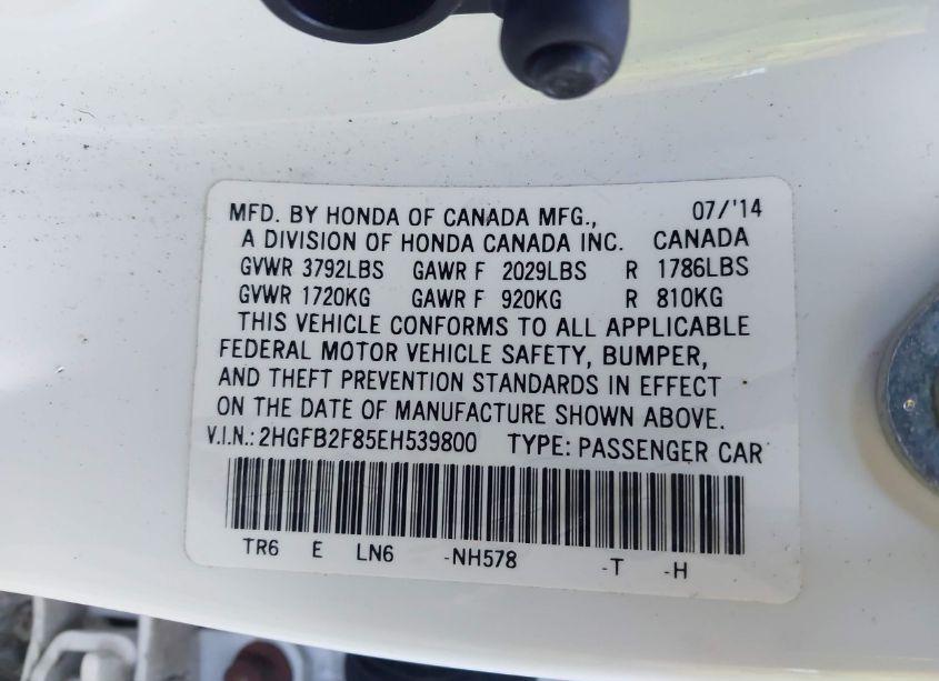 Photo 9 of 2014 Honda Civic EX (VIN 2HGFB2F85EH539800)