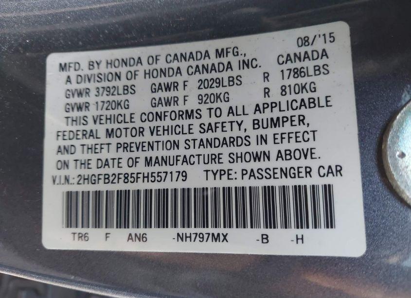 Photo 9 of 2015 Honda Civic EX (VIN 2HGFB2F85FH557179)