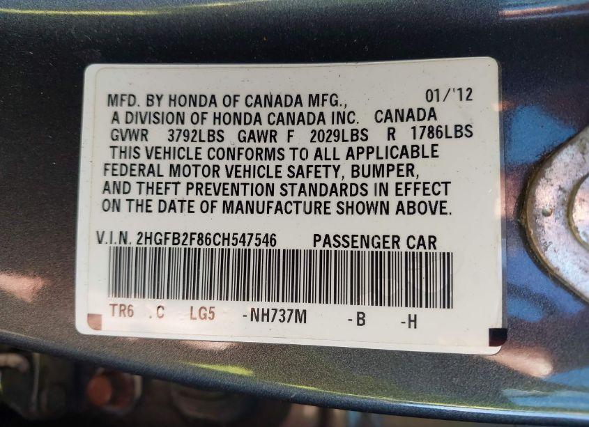 Photo 9 of 2012 Honda Civic EX (VIN 2HGFB2F86CH547546)