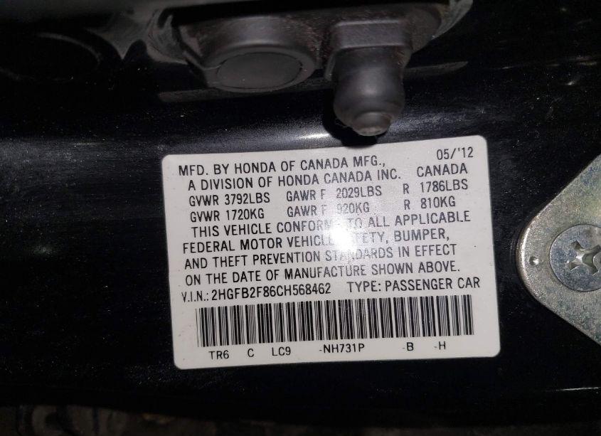 Photo 9 of 2012 Honda Civic EX (VIN 2HGFB2F86CH568462)