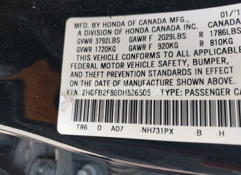 Photo 9 of 2013 Honda Civic EX (VIN 2HGFB2F86DH526505)