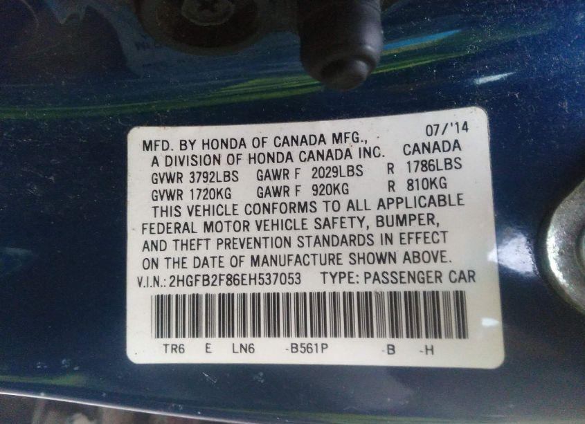 Photo 9 of 2014 Honda Civic EX (VIN 2HGFB2F86EH537053)