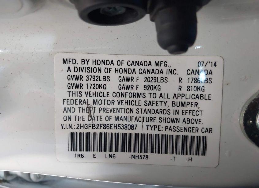 Photo 9 of 2014 Honda Civic EX (VIN 2HGFB2F86EH538087)