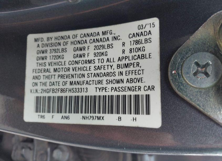 Photo 9 of 2015 Honda Civic EX (VIN 2HGFB2F86FH533313)