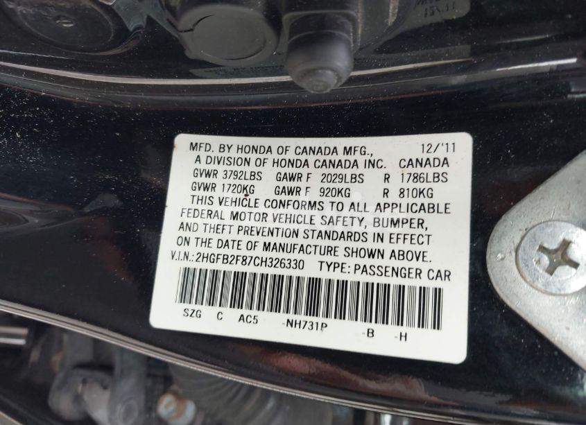 Photo 9 of 2012 Honda Civic EX (VIN 2HGFB2F87CH326330)