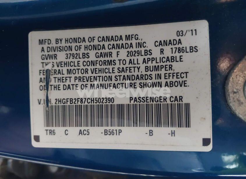 Photo 9 of 2012 Honda Civic EX (VIN 2HGFB2F87CH502390)