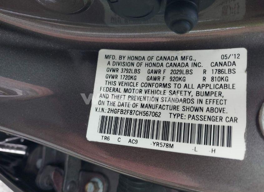 Photo 9 of 2012 Honda Civic EX (VIN 2HGFB2F87CH567062)