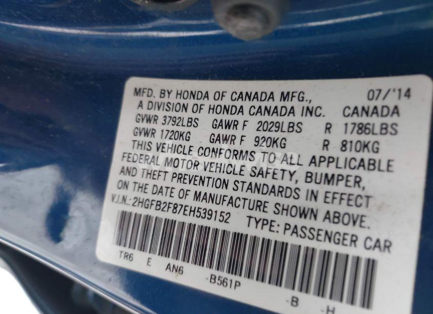 Photo 9 of 2014 Honda Civic EX (VIN 2HGFB2F87EH539152)