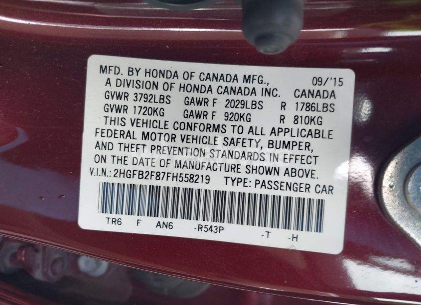 Photo 9 of 2015 Honda Civic EX (VIN 2HGFB2F87FH558219)
