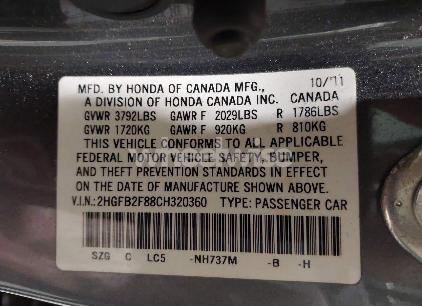 Photo 9 of 2012 Honda Civic EX (VIN 2HGFB2F88CH320360)