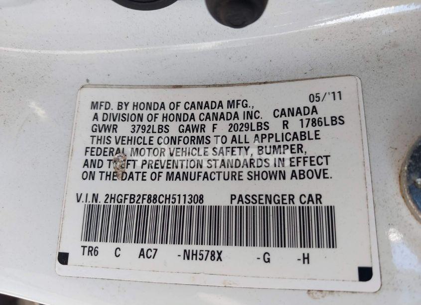 Photo 9 of 2012 Honda Civic EX (VIN 2HGFB2F88CH511308)