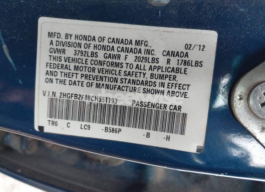 Photo 9 of 2012 Honda Civic EX (VIN 2HGFB2F88CH551193)