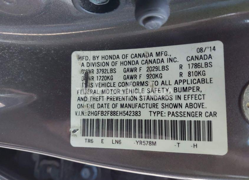 Photo 9 of 2014 Honda Civic EX (VIN 2HGFB2F88EH542383)