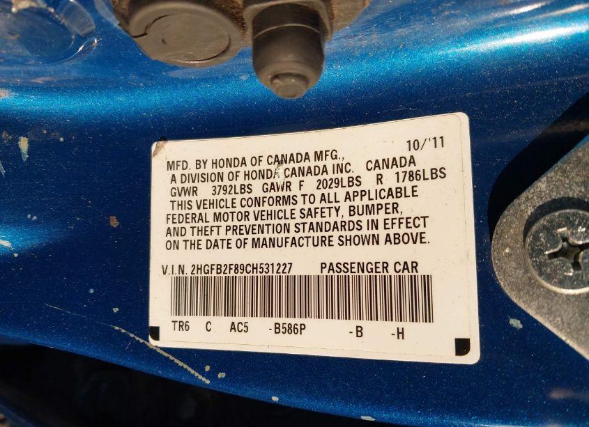 Photo 9 of 2012 Honda Civic EX (VIN 2HGFB2F89CH531227)