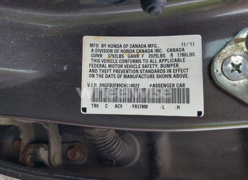 Photo 9 of 2012 Honda Civic EX (VIN 2HGFB2F89CH534922)