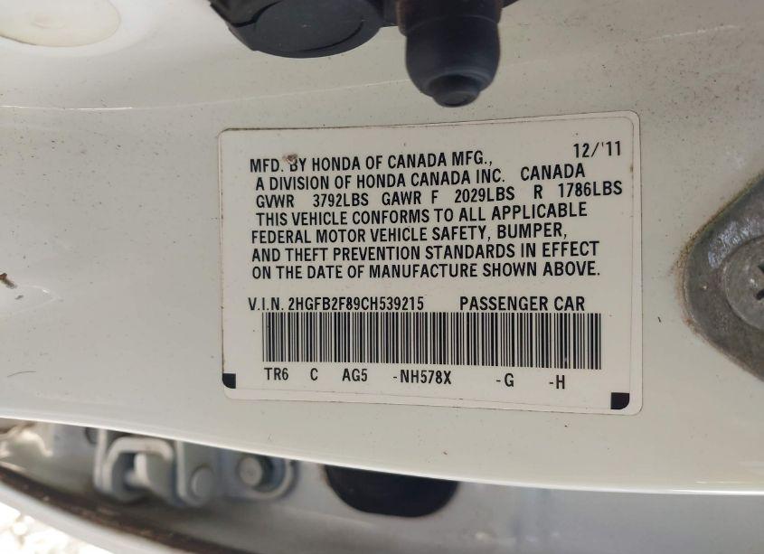 Photo 9 of 2012 Honda Civic EX (VIN 2HGFB2F89CH539215)