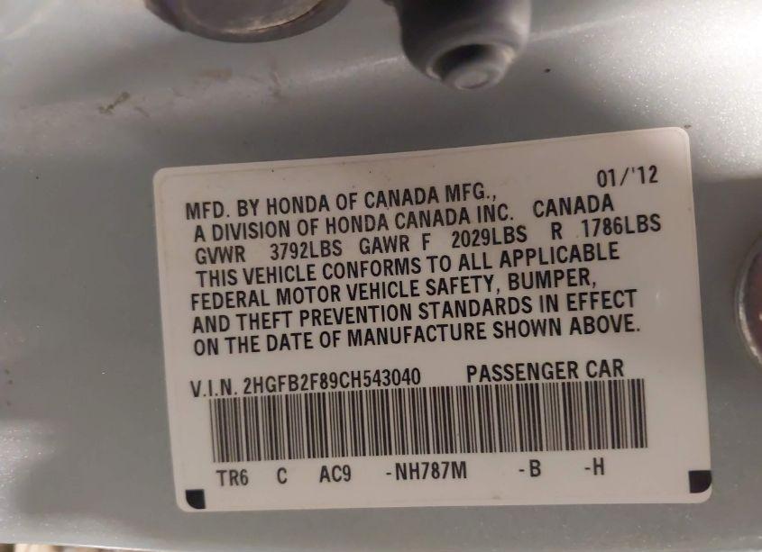 Photo 9 of 2012 Honda Civic EX (VIN 2HGFB2F89CH543040)