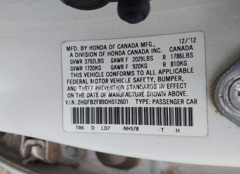 Photo 9 of 2013 Honda Civic EX (VIN 2HGFB2F89DH512601)