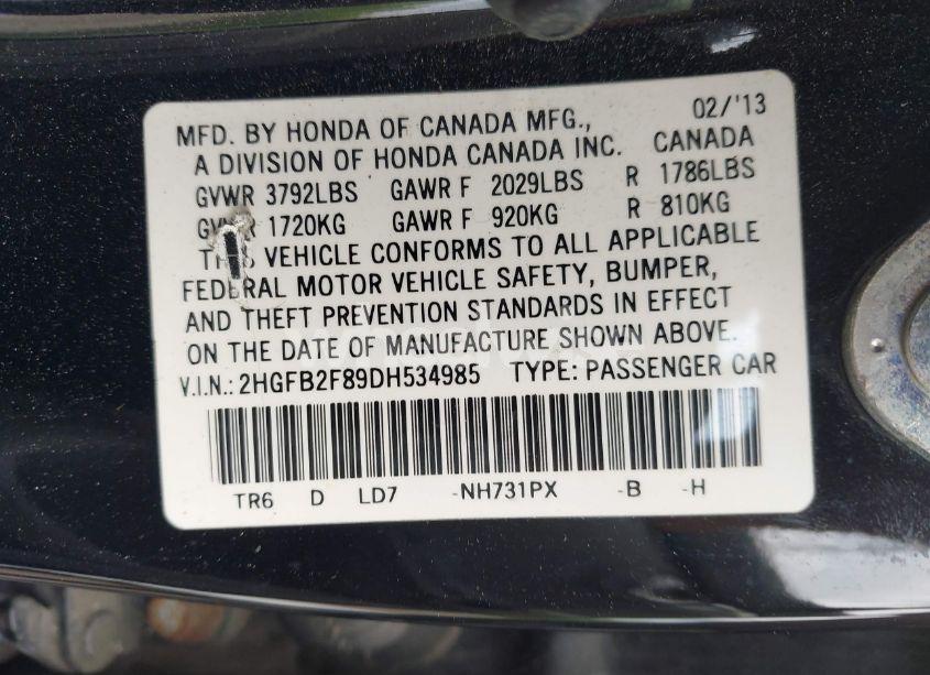 Photo 9 of 2013 Honda Civic EX (VIN 2HGFB2F89DH534985)