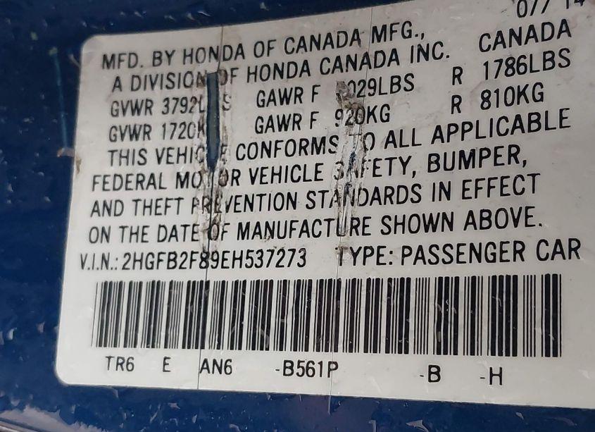 Photo 9 of 2014 Honda Civic EX (VIN 2HGFB2F89EH537273)