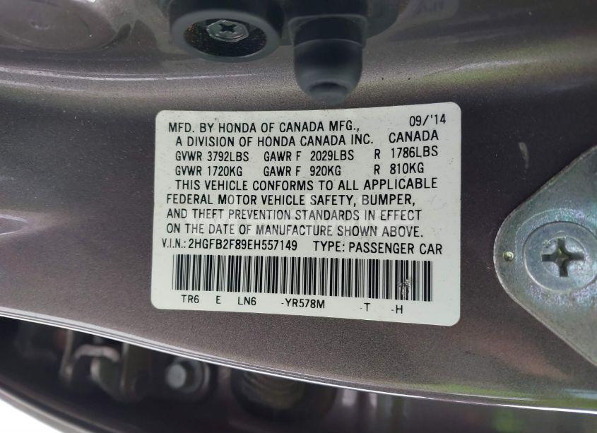 Photo 9 of 2014 Honda Civic EX (VIN 2HGFB2F89EH557149)