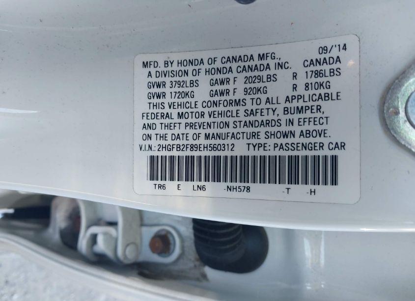 Photo 9 of 2014 Honda Civic EX (VIN 2HGFB2F89EH560312)